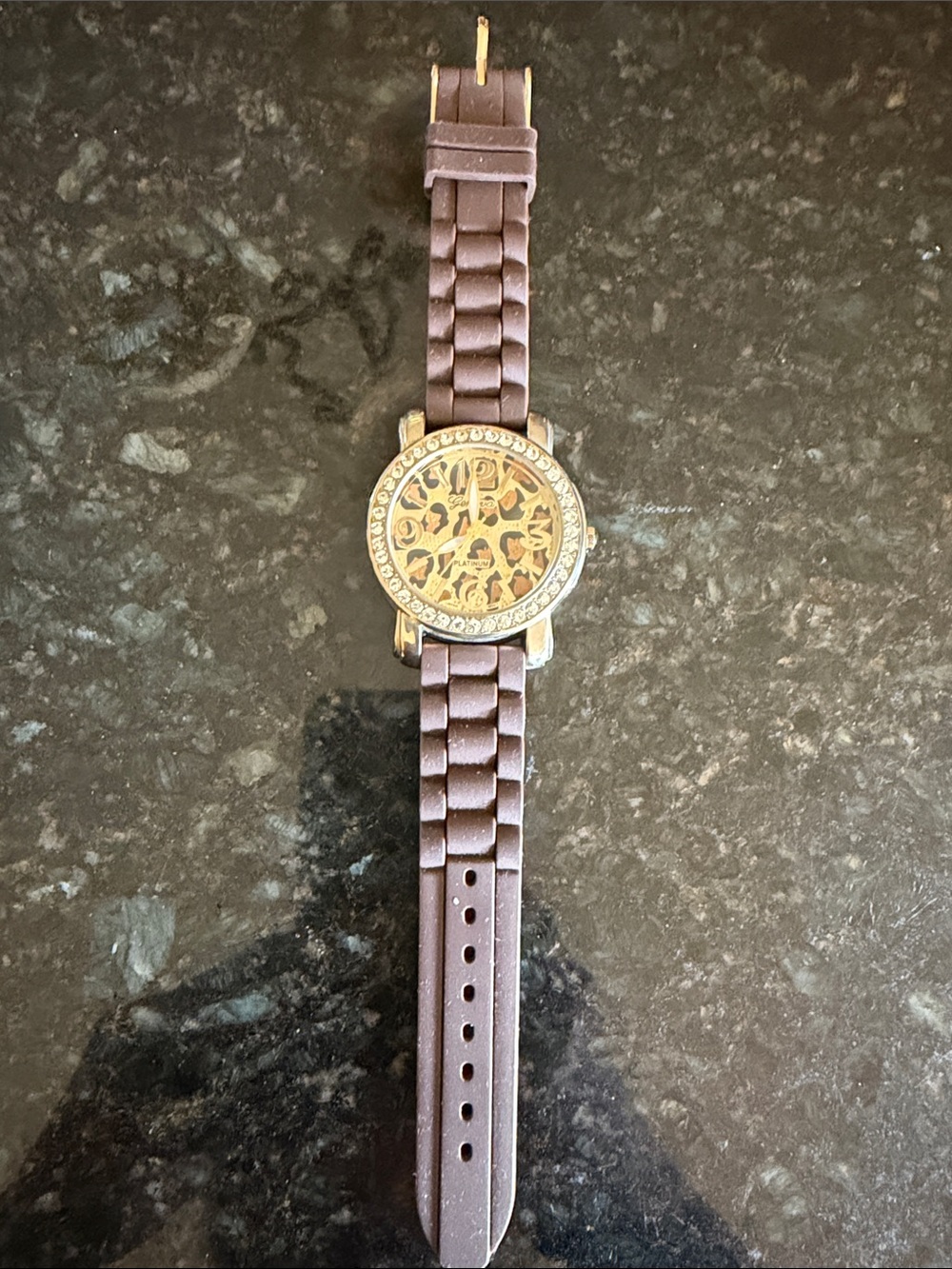 Leopard Print Dial Rhinestone Watch - Brown Silicone Band JS-148